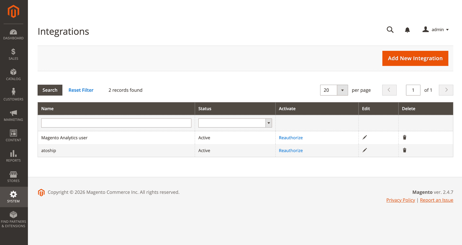 Magento admin Integrations page showing atoship with Active status