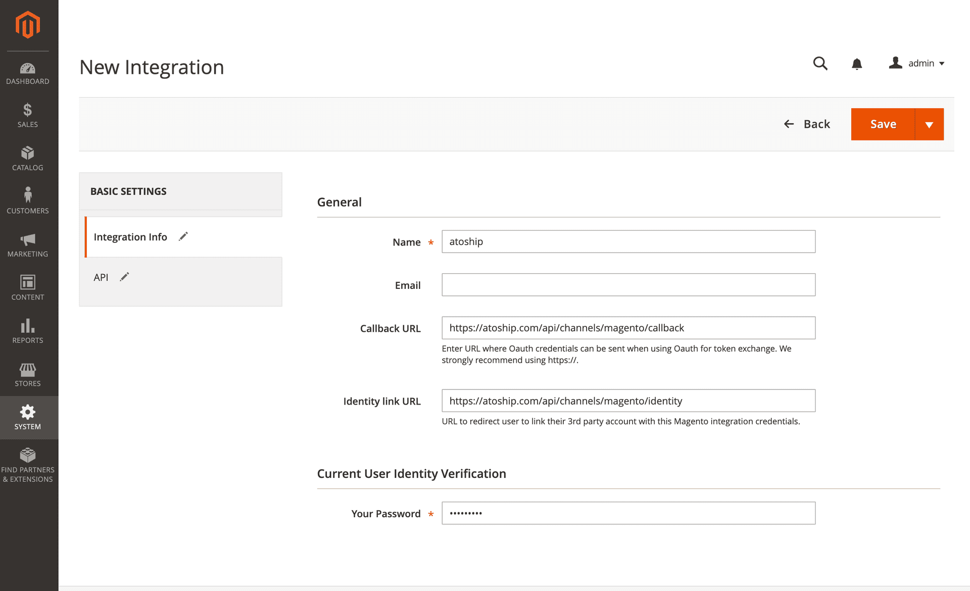 New Integration form in Magento admin with Callback URL and Identity Link URL filled in