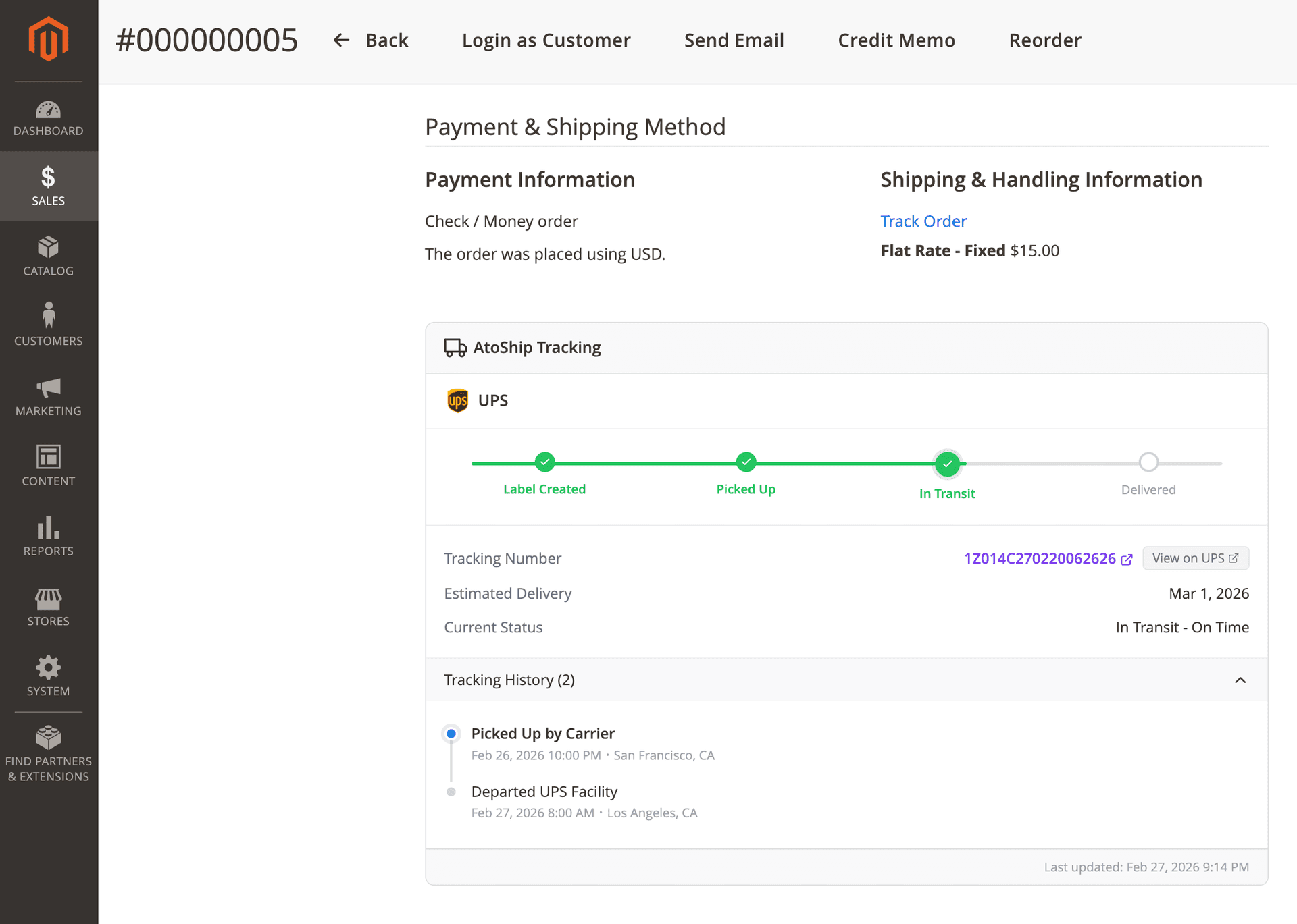 AtoShip Tracking panel in Magento admin order view