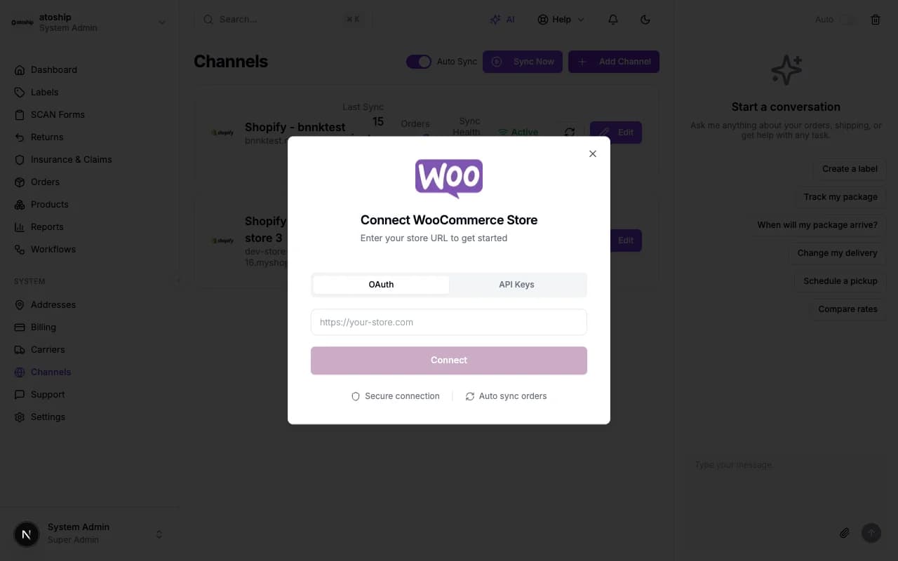 Connect WooCommerce dialog in atoship