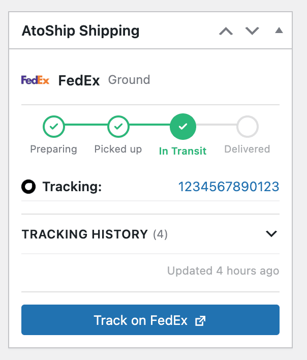 AtoShip Shipping metabox showing FedEx Ground tracking with progress stepper and tracking history