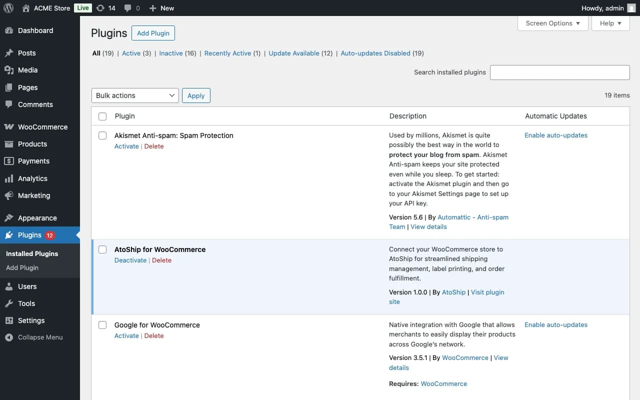 AtoShip plugin in WordPress Plugins page