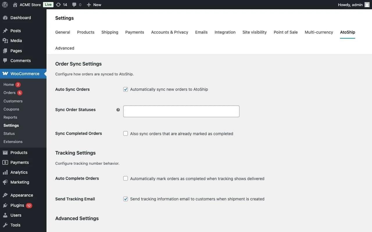 AtoShip settings tab in WooCommerce