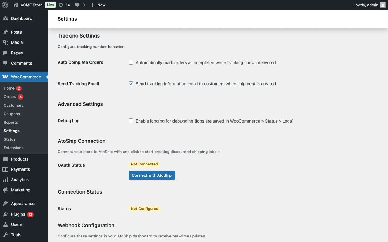 AtoShip connection status in WooCommerce settings