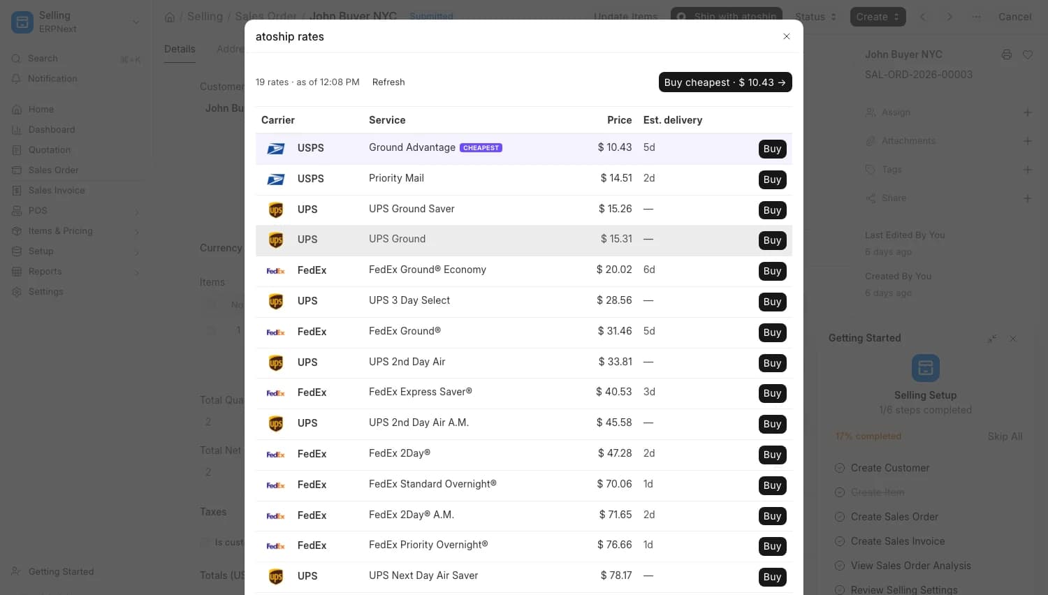 Live carrier rates on an ERPNext Sales Order — compare and buy a label right in the form