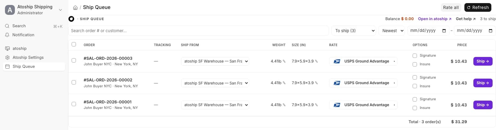The atoship Ship Queue inside ERPNext — every order in one table with live rates, ship-from, weight and one-click Ship