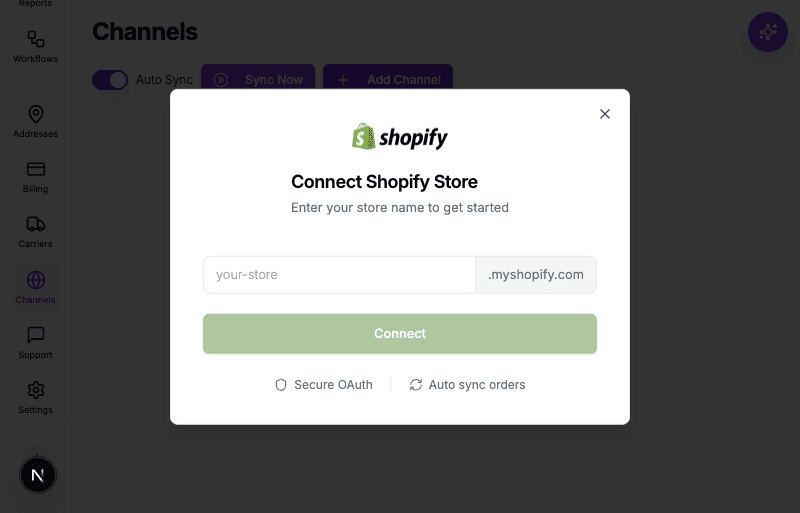 Connect Shopify Store dialog in atoship