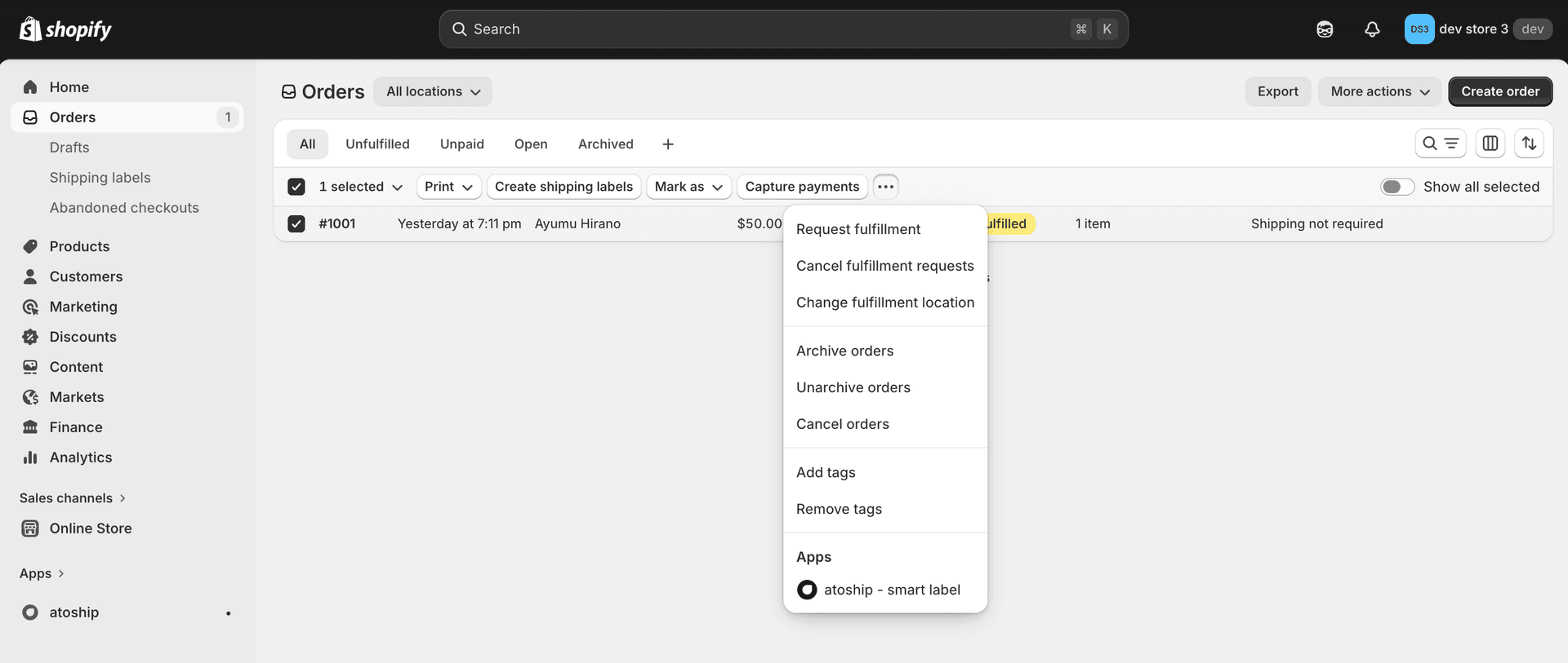 Shopify orders list showing atoship bulk action under Apps menu