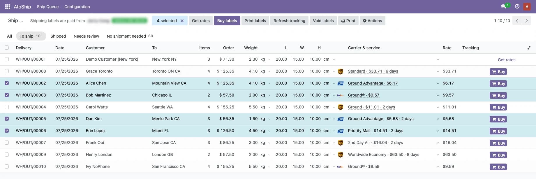 Select several deliveries in Odoo and buy all their labels at once from the Ship Queue