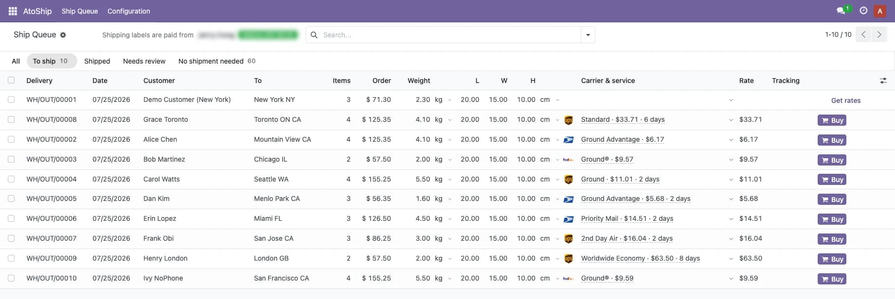 The atoship Ship Queue inside Odoo — every outbound delivery in one table with live rates, ship-from, weight and one-click Ship